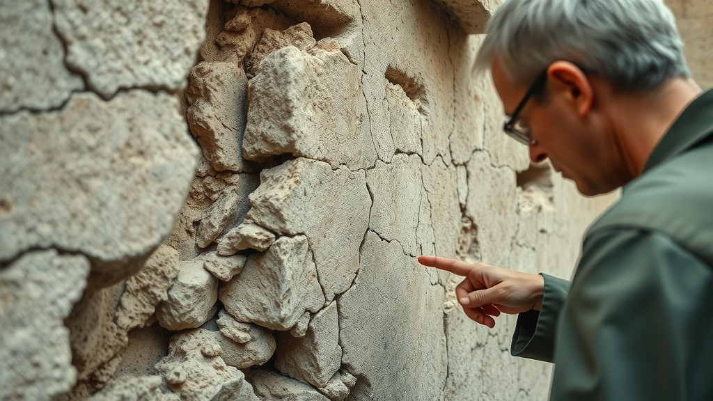 Close-up of crumbling ancient wall with erosion and cracks, conservationist examining stonework—detailed focus on climate change effects on African coastal historic cities and regions on the Mediterranean Sea.