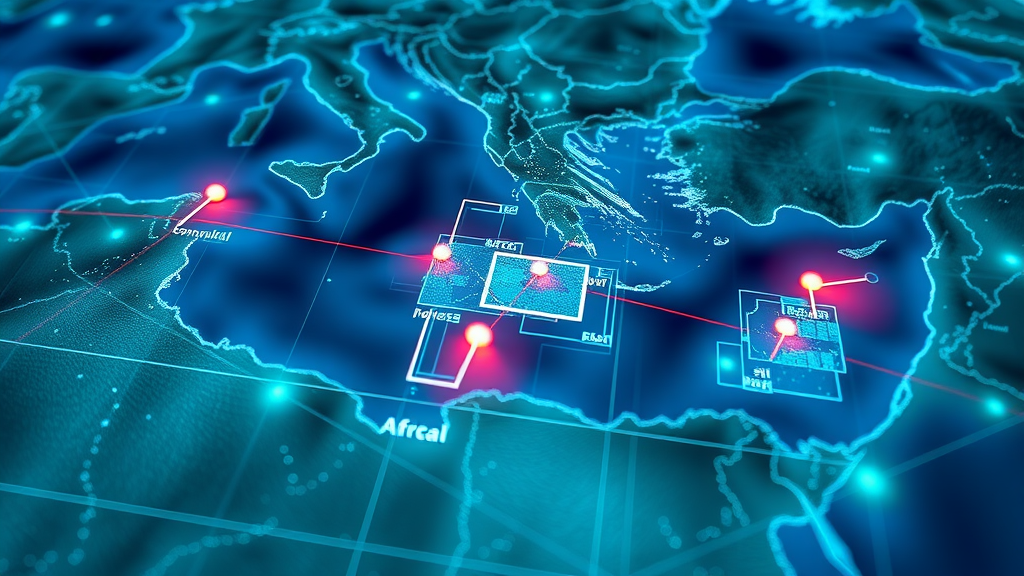 Futuristic data visualization over map of African Mediterranean coastline showing sea level rise projections and climate change effects on African coastal historic cities and regions on the Mediterranean Sea.