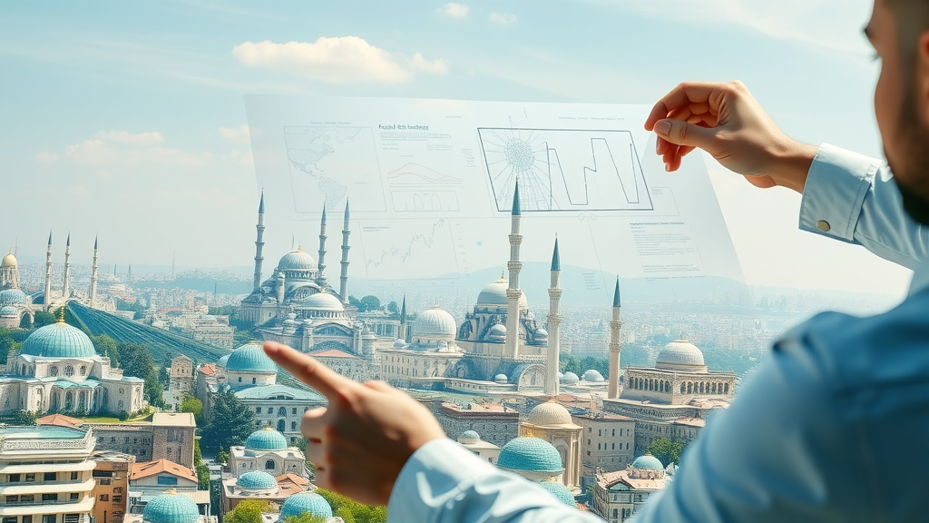 Visionary urban planner demonstrating blueprint overlay on cityscape, showing adaptive infrastructure and ancient sites—integrating technology with climate change effects on African coastal historic cities and regions on the Mediterranean Sea.