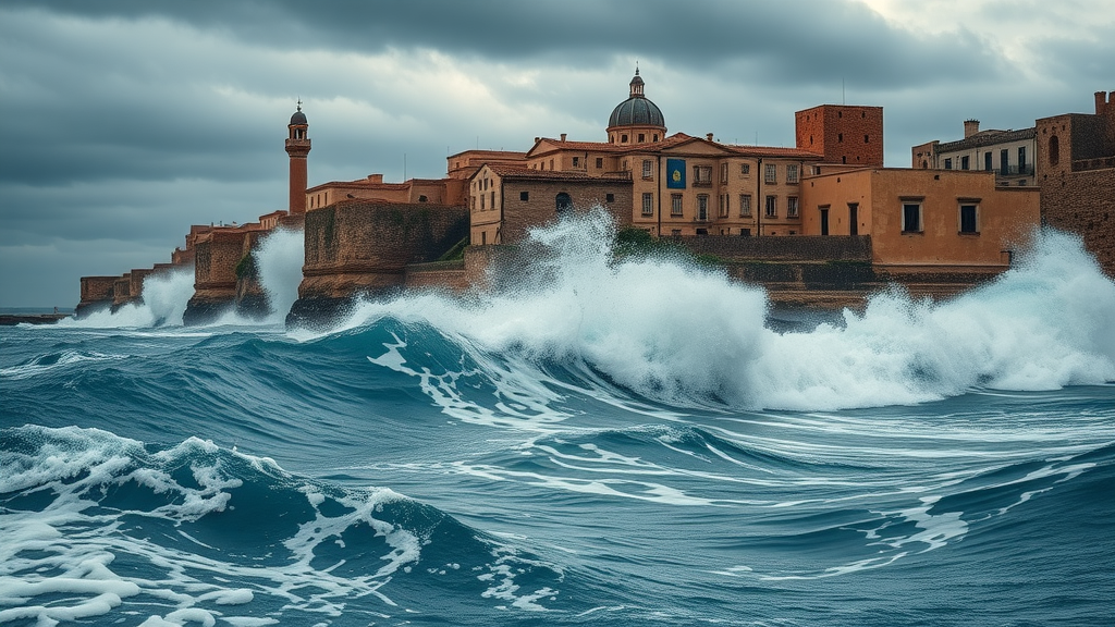 Dramatic coastal cityscape with ancient stone walls battered by rising waves, endangered Mediterranean architecture, and turbulent seas. Climate change effects on African coastal historic cities and regions on the Mediterranean Sea captured in photorealistic detail.