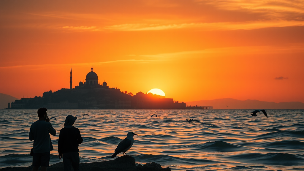 Emotionally charged silhouette of ancient Mediterranean city at sunset, partially submerged—locals observe water levels rising, symbolising both climate threat and resilient hope for African coastal historic cities and regions.