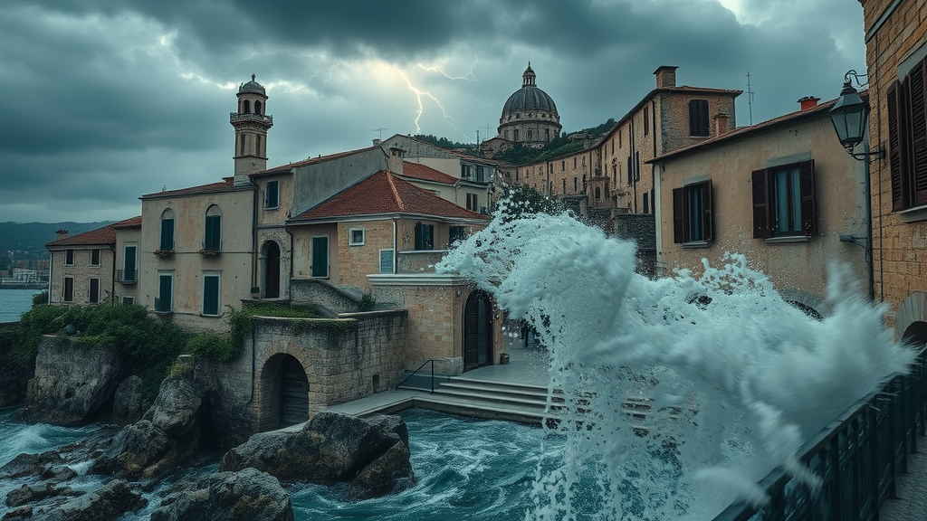 Chaotic coastal storm over ancient Mediterranean town, with intense wind and rain impacting historic buildings—climate change effects on African coastal historic cities and regions on the Mediterranean Sea illustrated in cinematic detail.