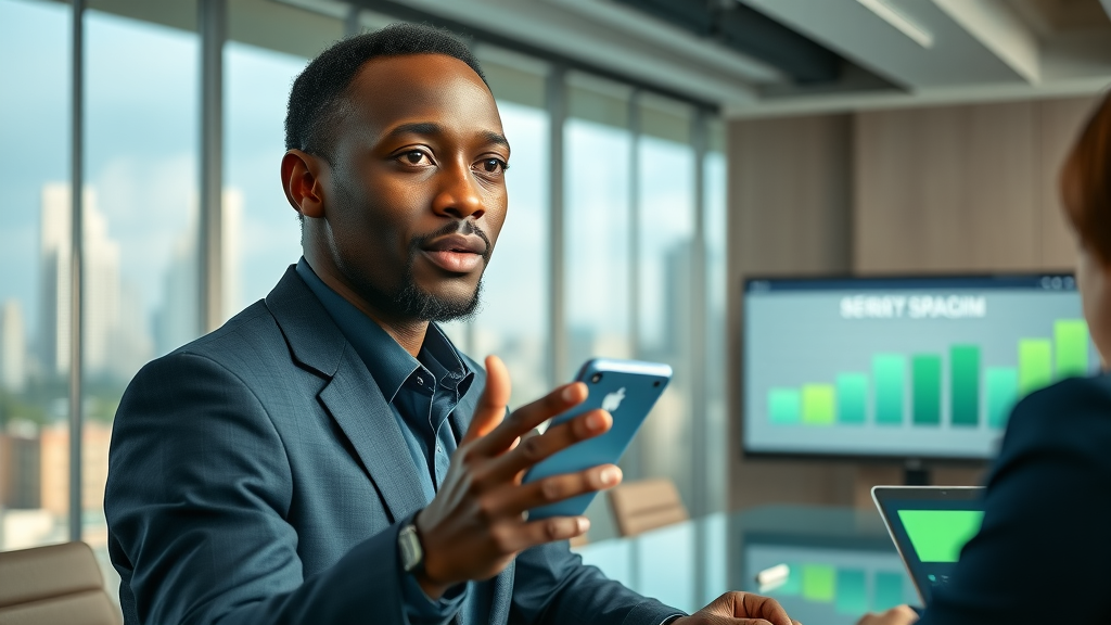 African entrepreneur pitching sustainable business growth Africa to investors in modern boardroom
