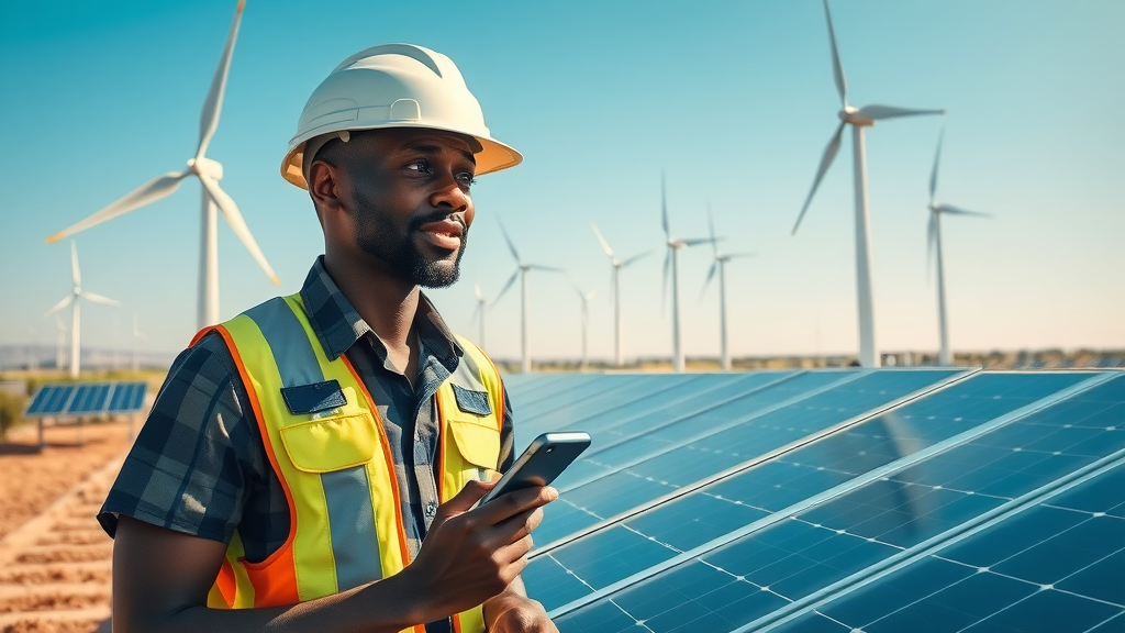 African engineers inspecting solar panels for sustainable business growth Africa amidst a savannah landscape