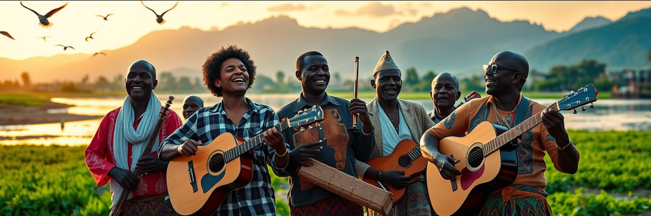 Bafing projects tunes for nature—musicians play by a vibrant river at sunset.